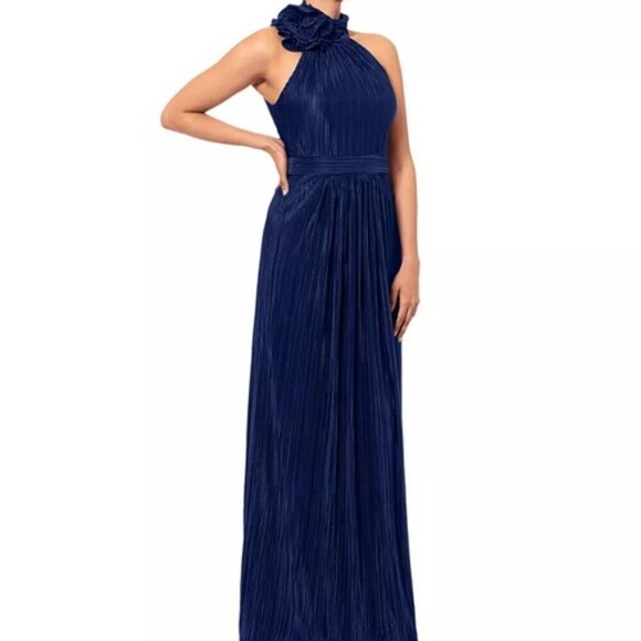 Betsy & Adam Navy Blue Rosette Pleated Gown - Picture 2 of 3